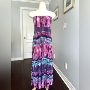 Tie Dyed Look Empire Waist Tube Fit and Flare Maxi Dress